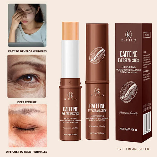 Caffeine Eye Cream Stick in silver and white packaging, showing twist-up applicator with 3g net content.