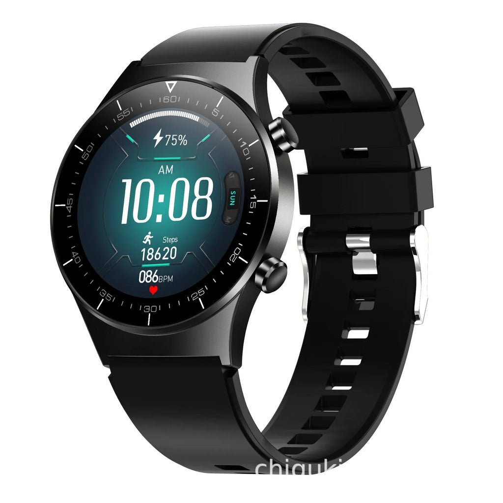 Black smart watch with TPU wristband showing 1.28-inch touch screen displaying heart rate and step count