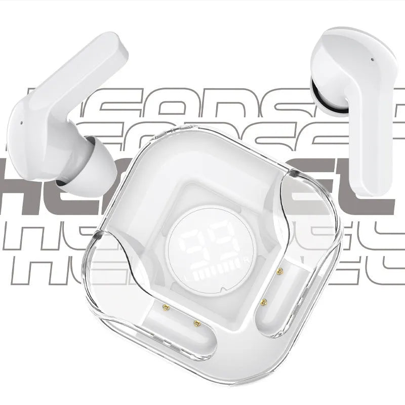 Transparent TWS wireless Bluetooth earbuds showing internal components in one of five colour options