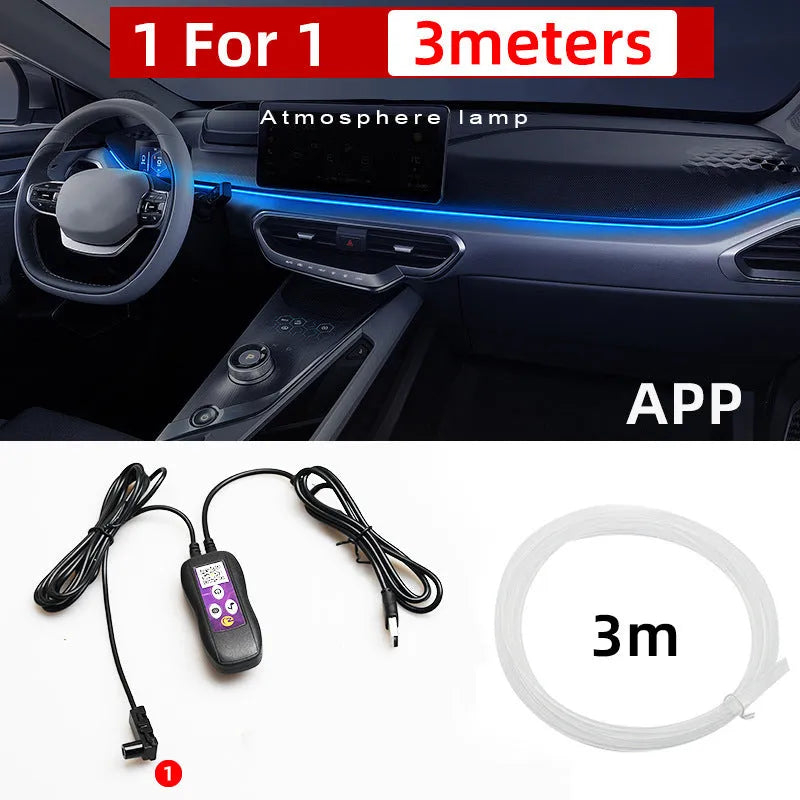 Car interior USB LED atmosphere light with colour-changing function installed along centre console