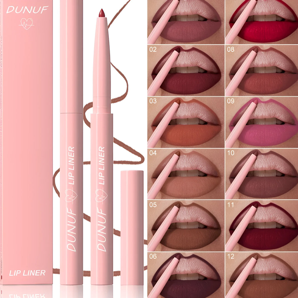 Velvet matte lip liner pencil in one of 12 available shades on a white background.