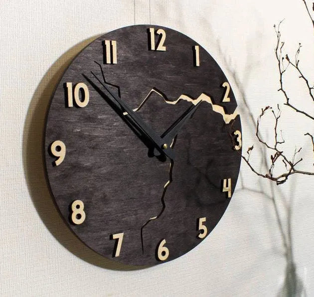 Modern wooden wall clock with creative crack finish and silent quartz movement for home decor