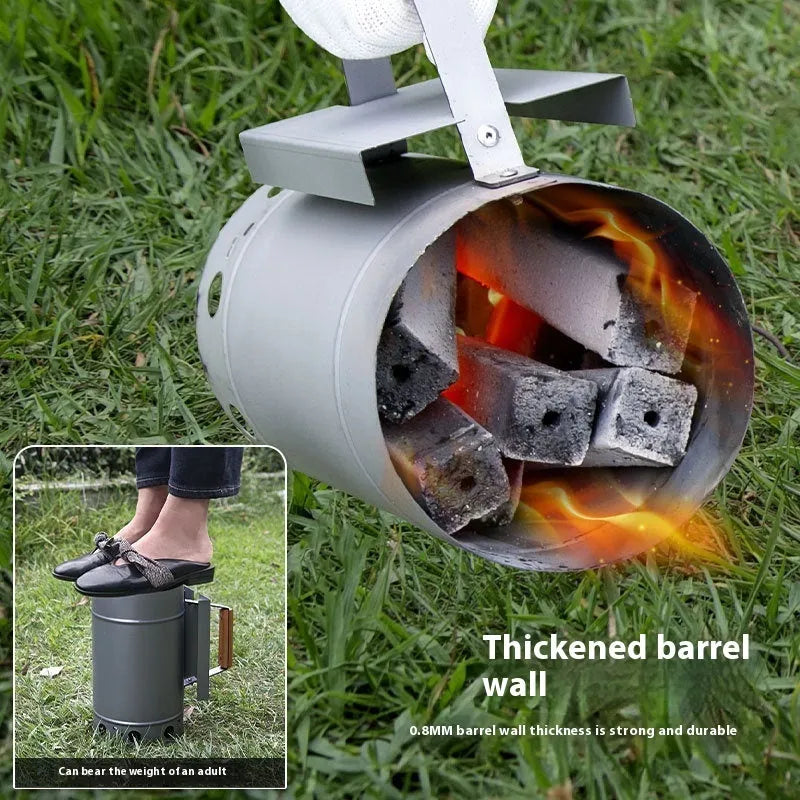 Zinc-iron alloy charcoal fire igniter with charcoal bucket design for outdoor barbecues