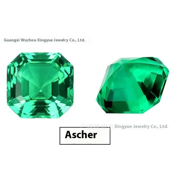 Cultivated emerald gemstone in Columbia green treasure colour showing round and rectangular cuts