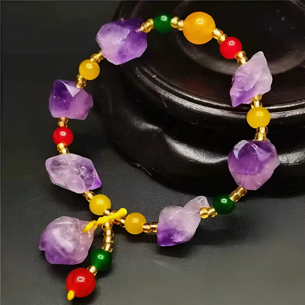 Women's natural amethyst bracelet with shaped stone beads and fu character decorative elements