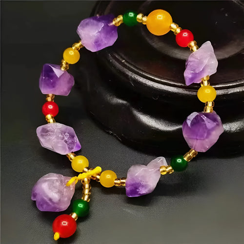 Women's natural amethyst bracelet with shaped stone beads and fu character decorative elements