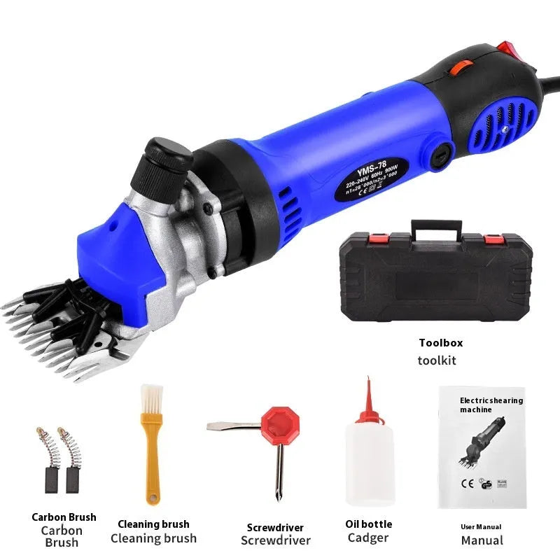 Yellow electric wool shearing machine with 110V plug and multiple blade sets in storage case