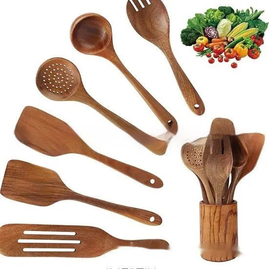 Natural beech wood 7-piece kitchen utensil set with spoons and spatulas