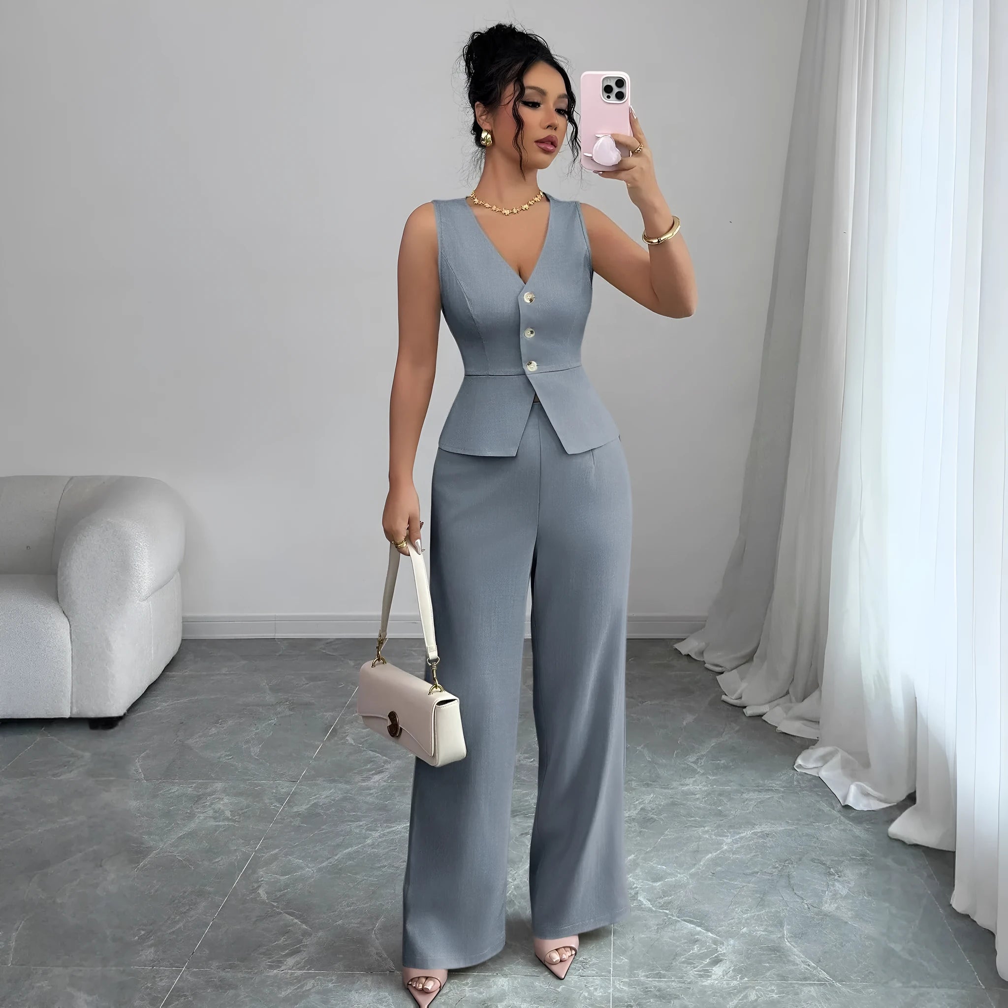 Women's solid colour sleeveless vest and high waist trousers two-piece set in Japanese Korean casual style