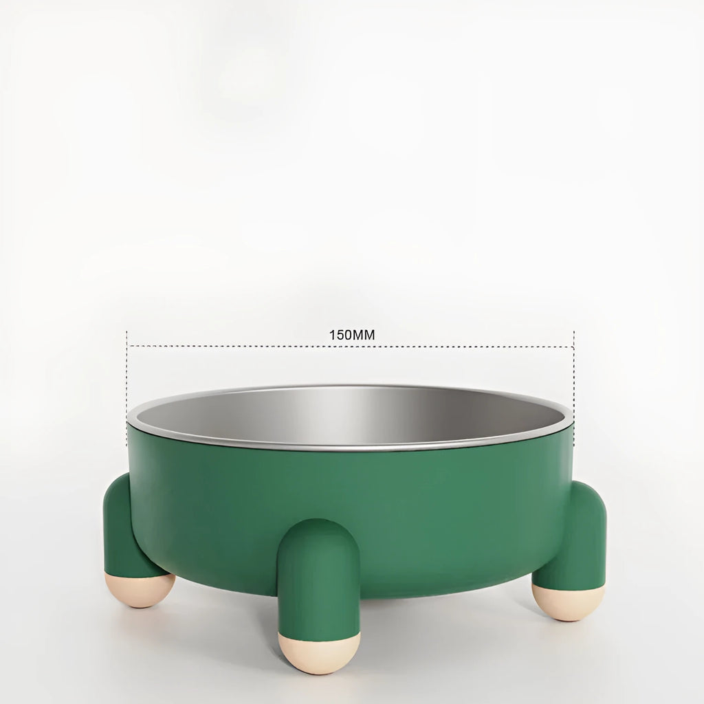 Stainless steel pet bowl with high foot and non-slip base in green, pink, or white colour
