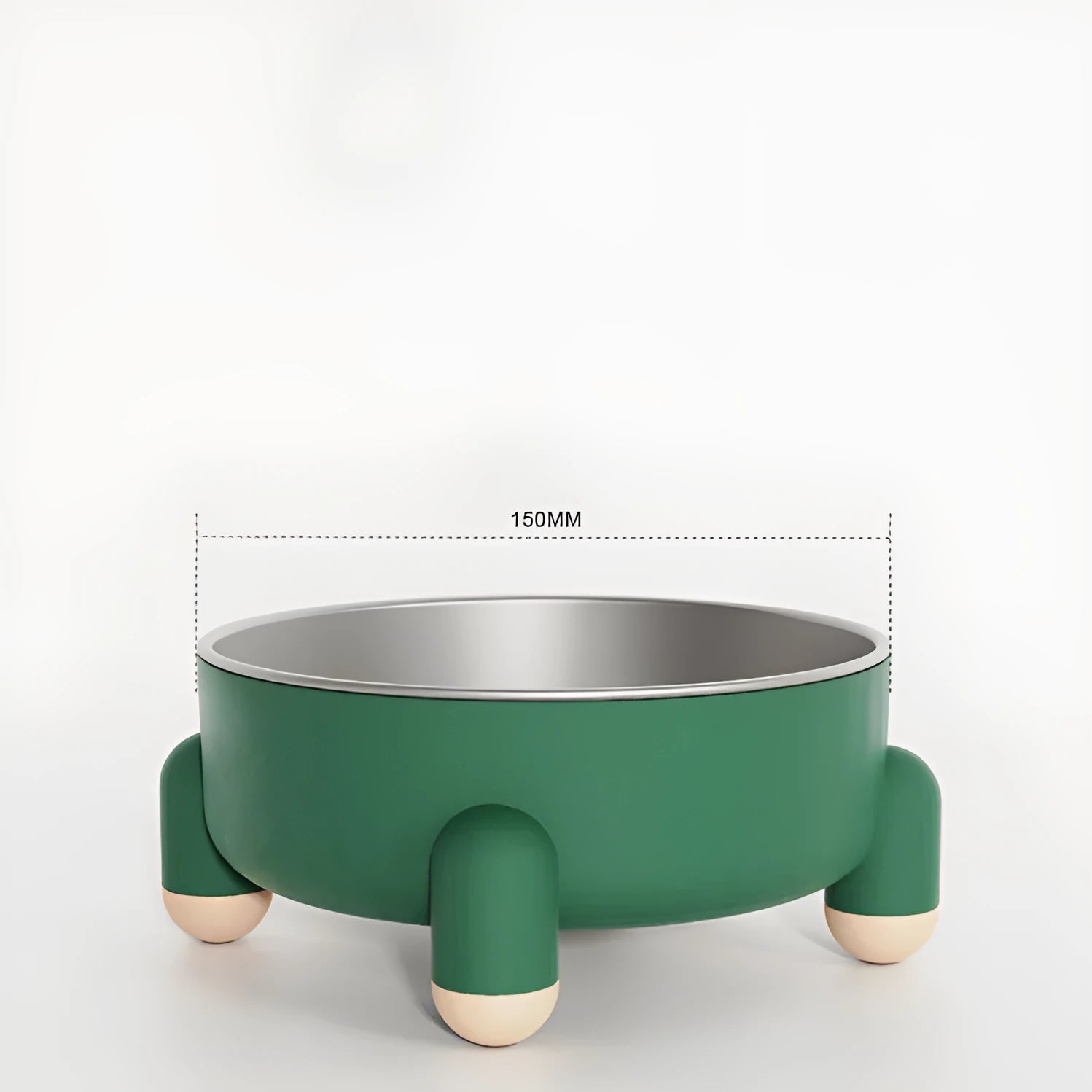 Stainless steel pet bowl with high foot and non-slip base in green, pink, or white colour