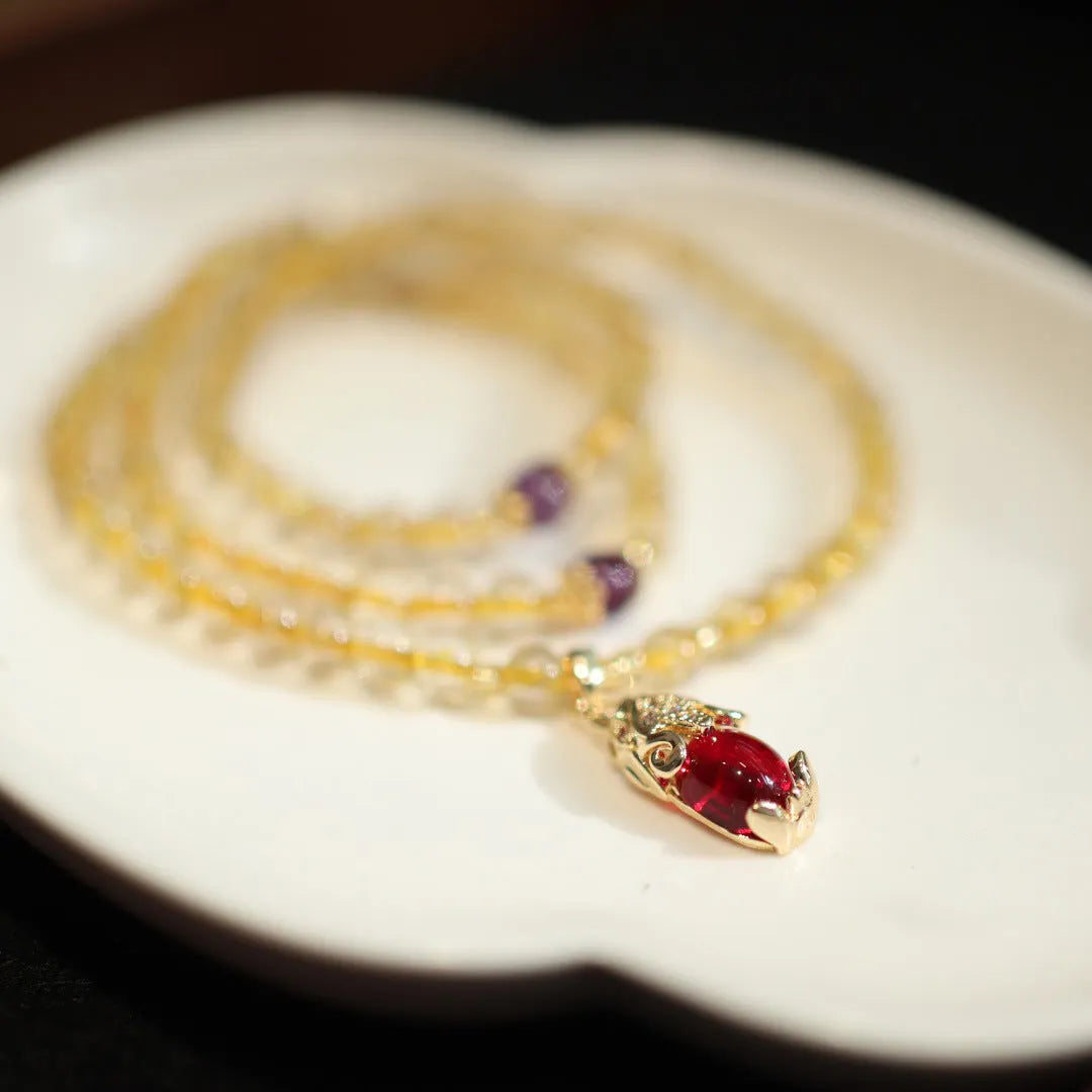 Natural Brazilian gold rutilated quartz bracelet with three gold rings in Chinese style design
