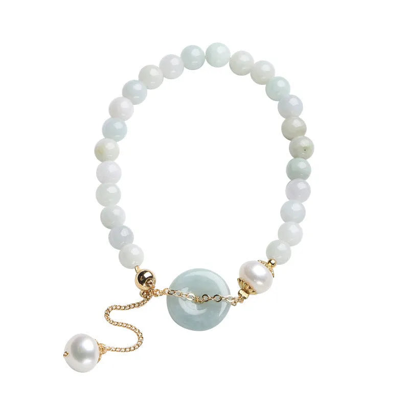 Jade green pearl bracelet with geometry shape pendant and manual processed emerald peace buckle clasp
