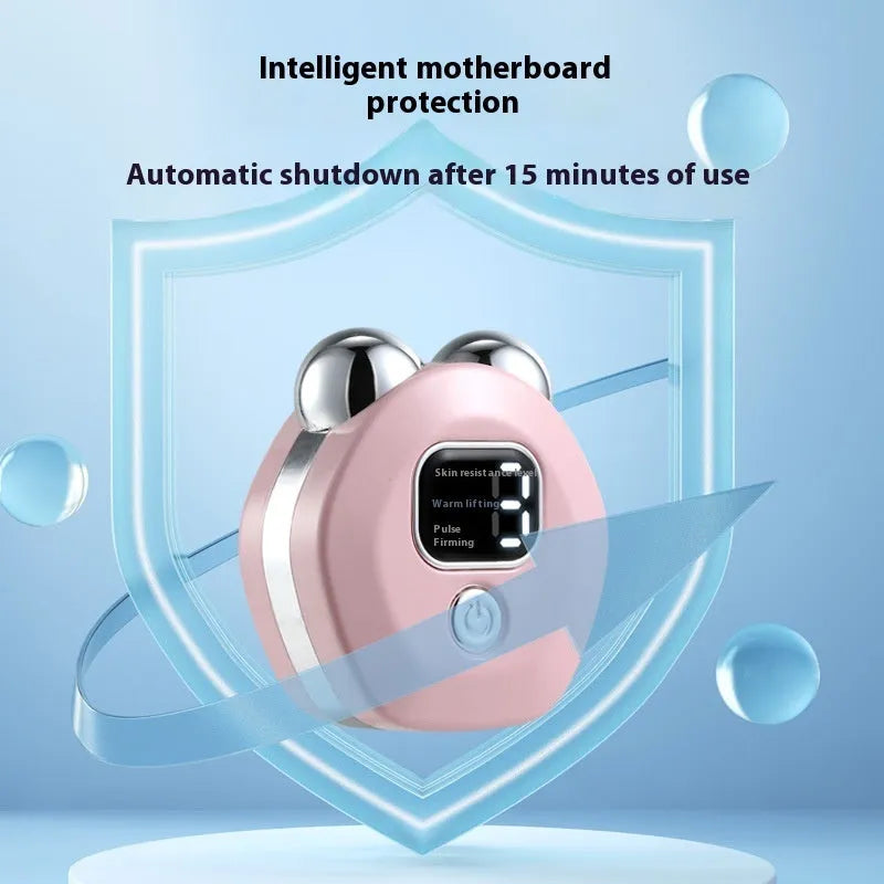 Portable hot compress and micro-current facial massage instrument in white, light blue, and pink colours with charging cable.