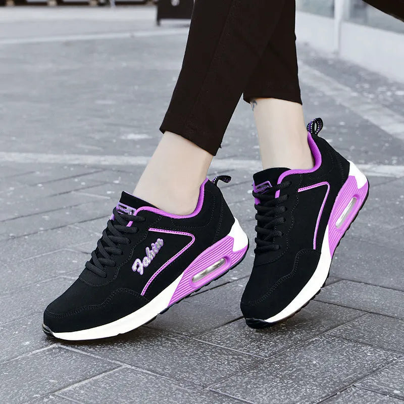 Women's spring leather air cushion sports shoes, flat heel, low top, lace-up, available in black pink and black purple colourways