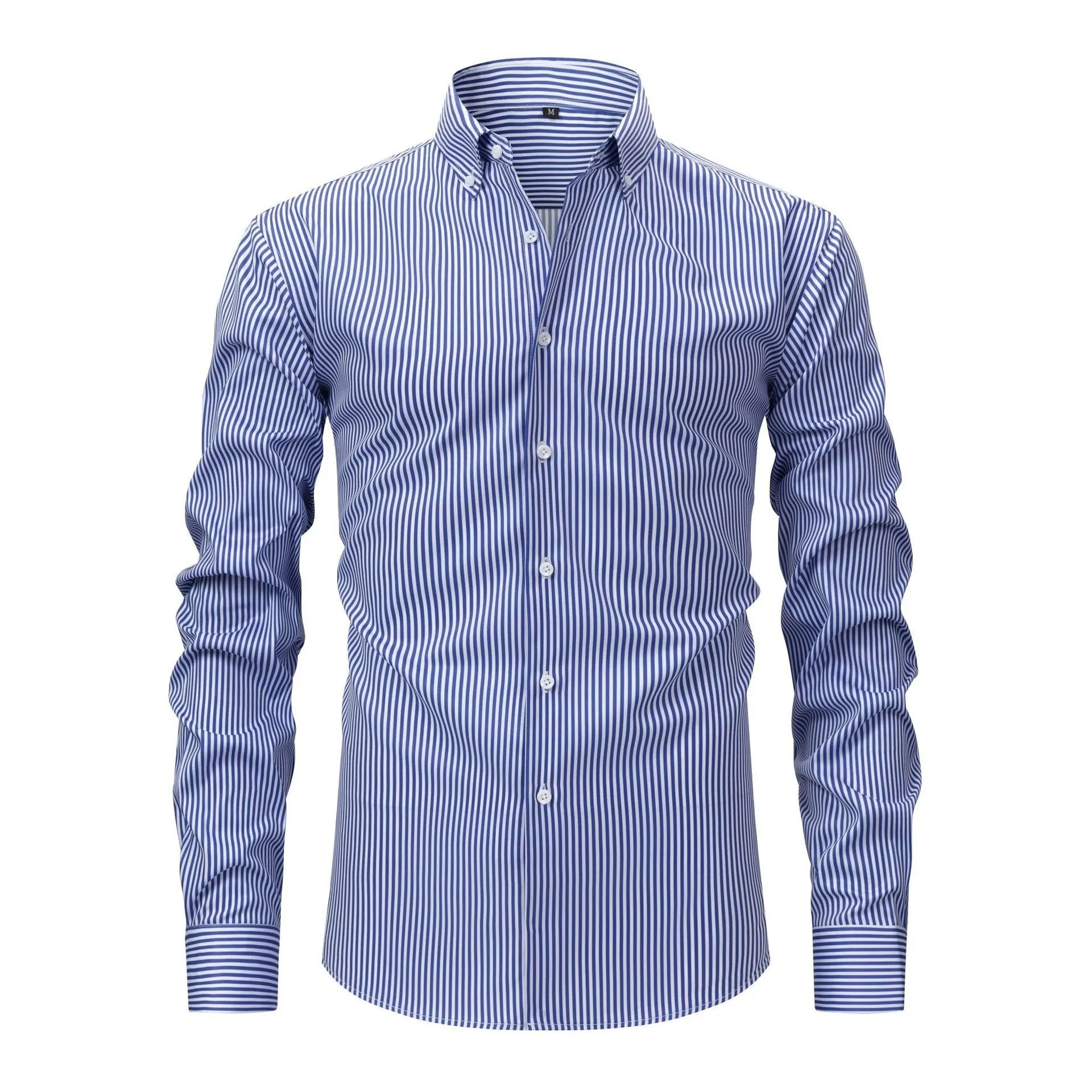 Man wearing a striped long-sleeved business shirt with a lapel collar in an anti-wrinkle fabric.