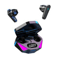 X15 black wireless in-ear Bluetooth gaming headset with charging case on a grey background.