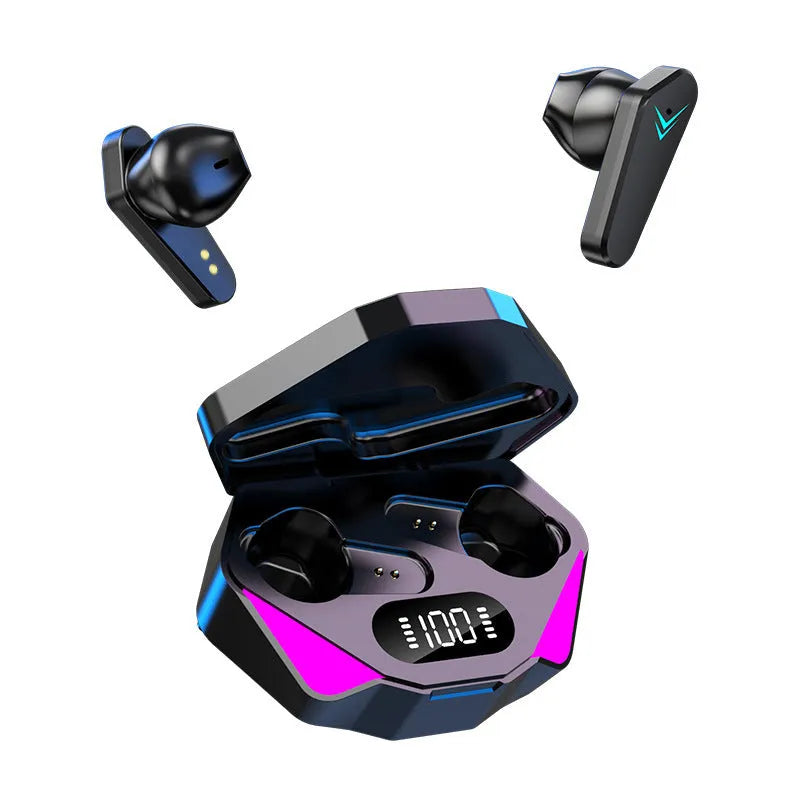 X15 black wireless in-ear Bluetooth gaming headset with charging case on a grey background.