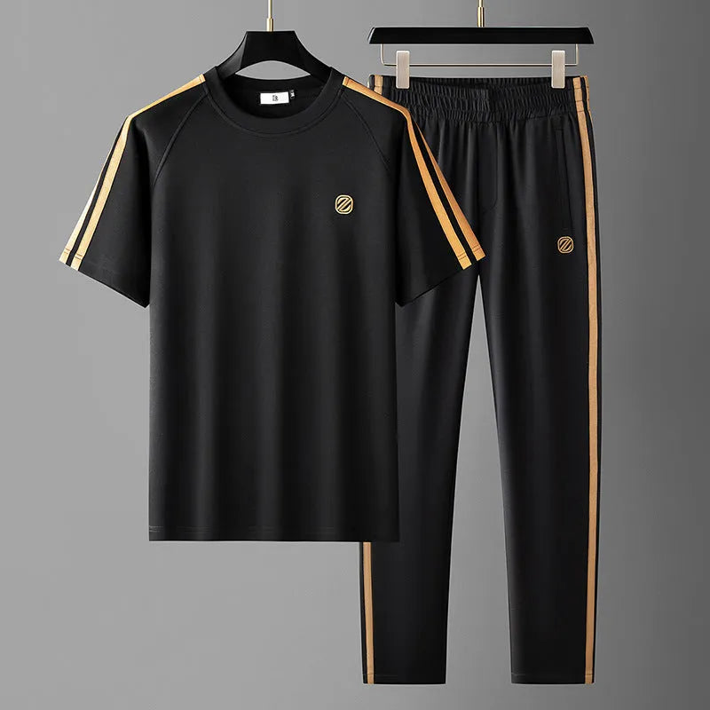 Men's ice silk style short sleeve sports suit in blue, apricot, or black with breathable polyester fabric