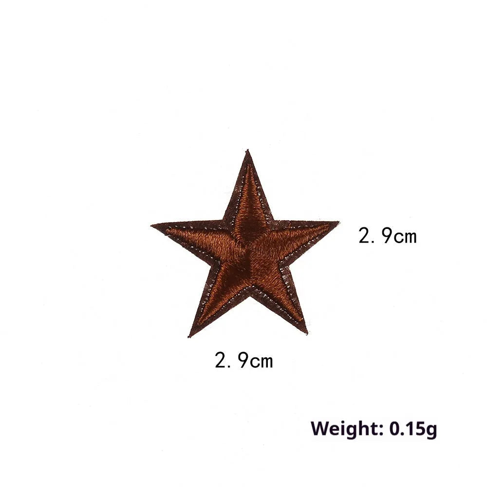 Colourful embroidered five-pointed star designs on cloth sticker labels for DIY clothing customisation.
