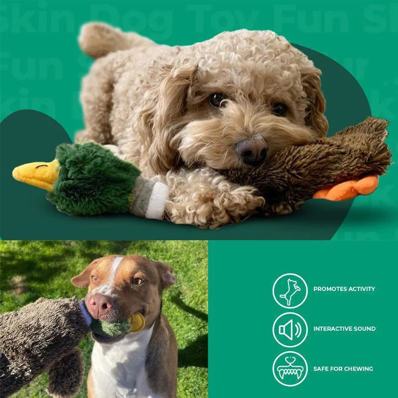 Green stuffless dog toy with squeakers and bottle insertion cavity