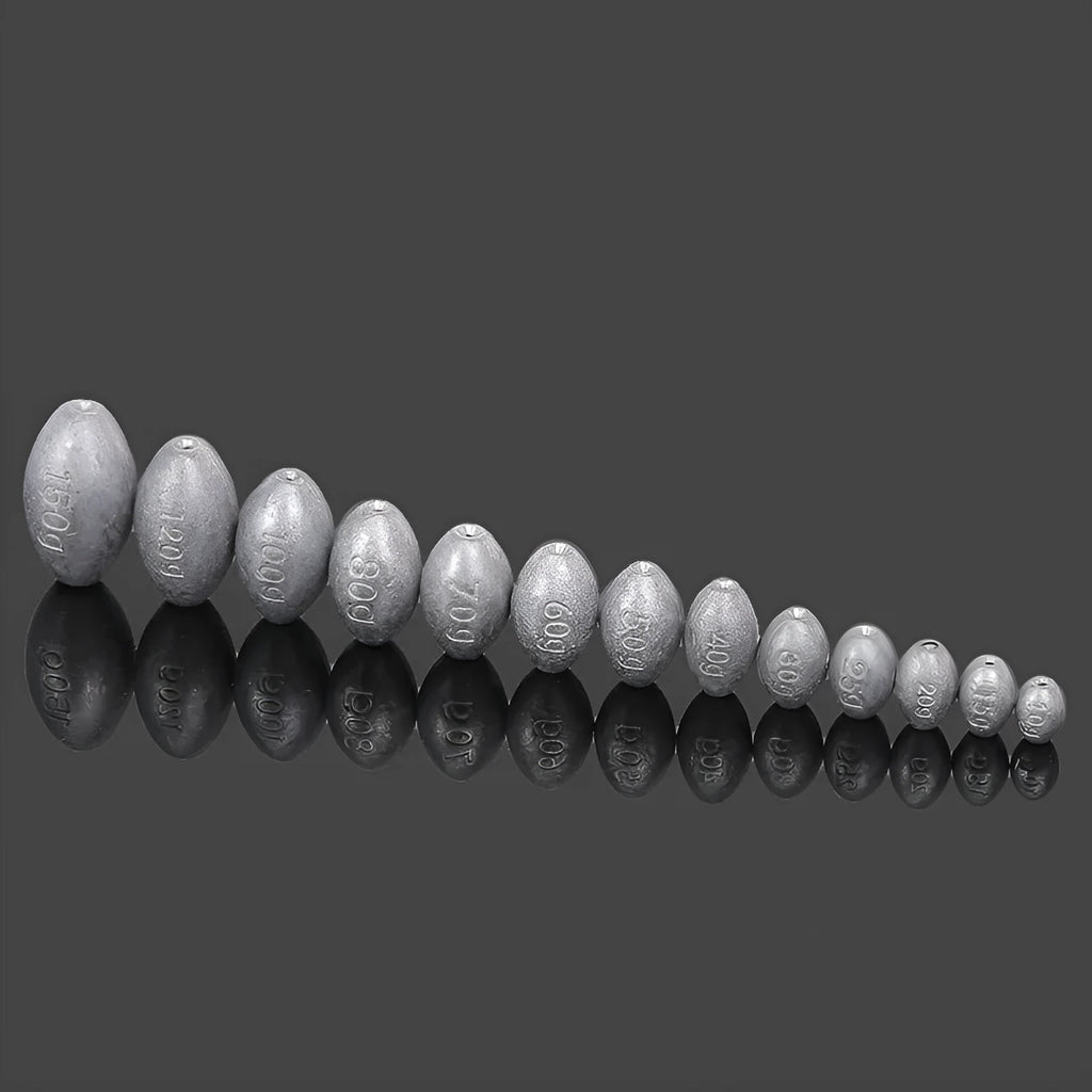 Olive lead fishing sinker with plastic core, rugby shape, and scale pattern in weights from 10g to 150g