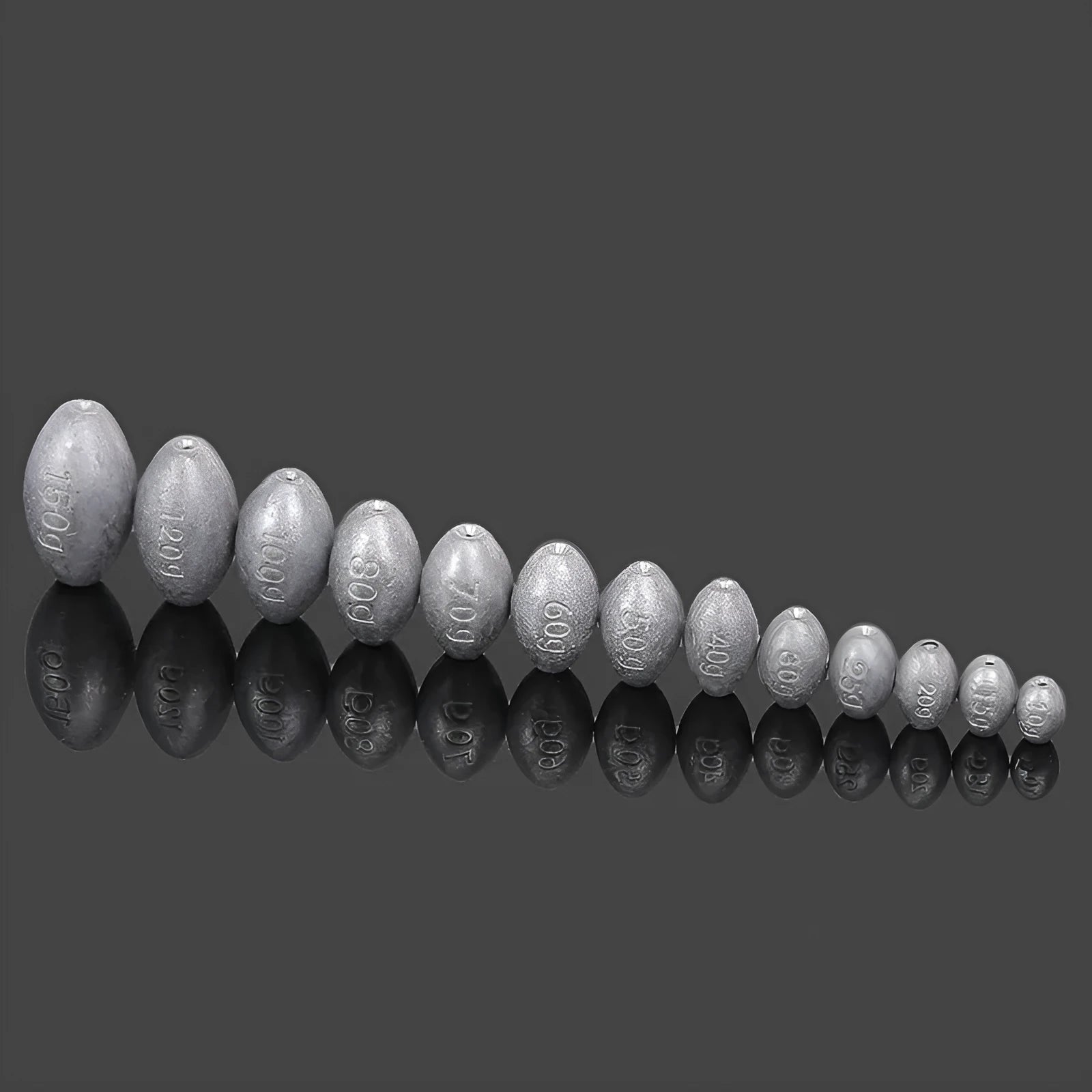 Olive lead fishing sinker with plastic core, rugby shape, and scale pattern in weights from 10g to 150g