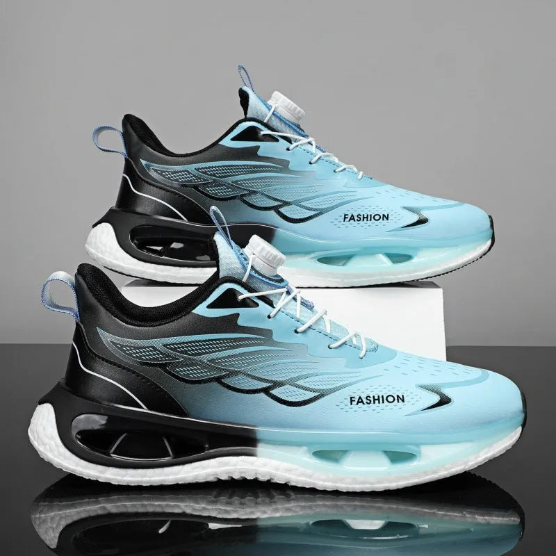 Youth men's low-top rotating button sneaker in light blue mesh with a rubber sole.