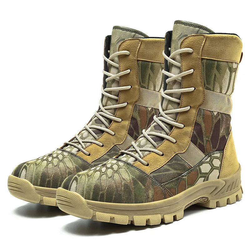 Men's plus size mesh high-top shoes in black and camouflage colours showing sports style combat boot design