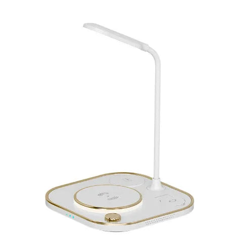 Black wireless charging desk lamp with 15W fast charging capability showing multiple device charging