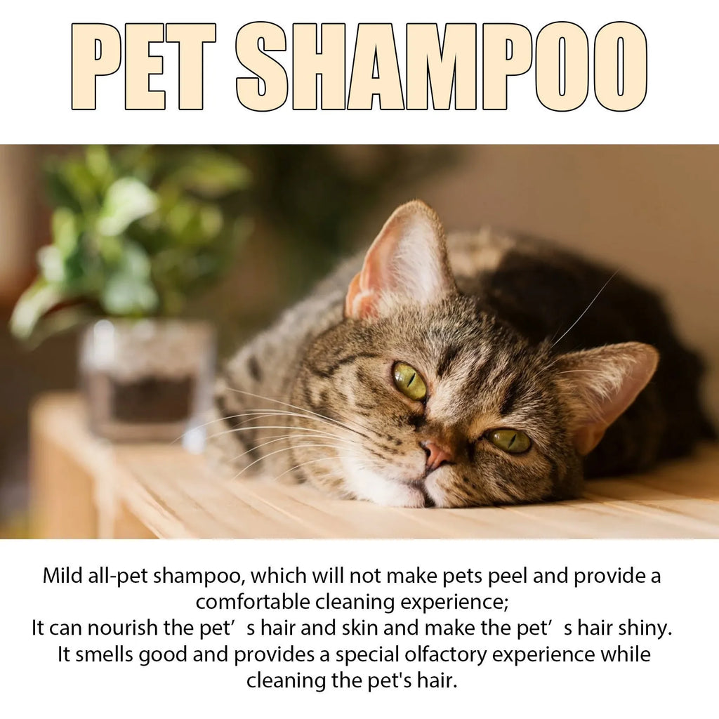 100ml and 300ml bottles of mild pet shampoo for dogs on a white background.