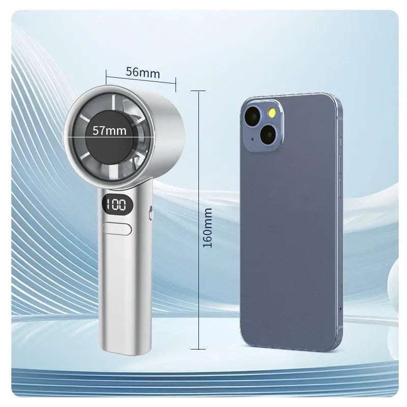A handheld USB rechargeable fan with variable speed control in green, khaki, silver, or white colour.