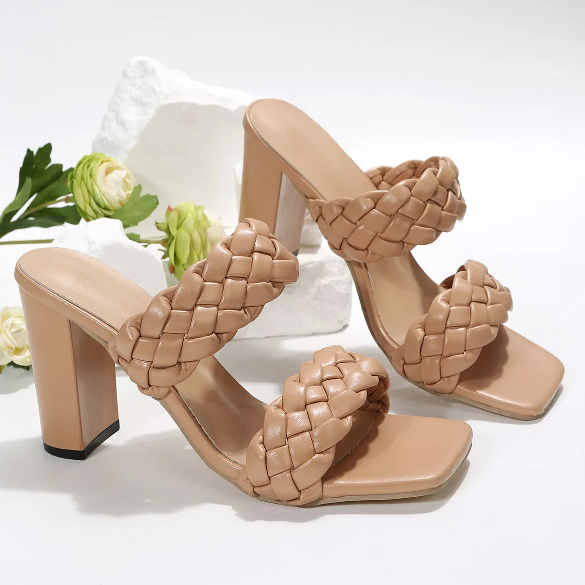 Square toe flip-flops with chunky heel and twisted woven design in apricot colour