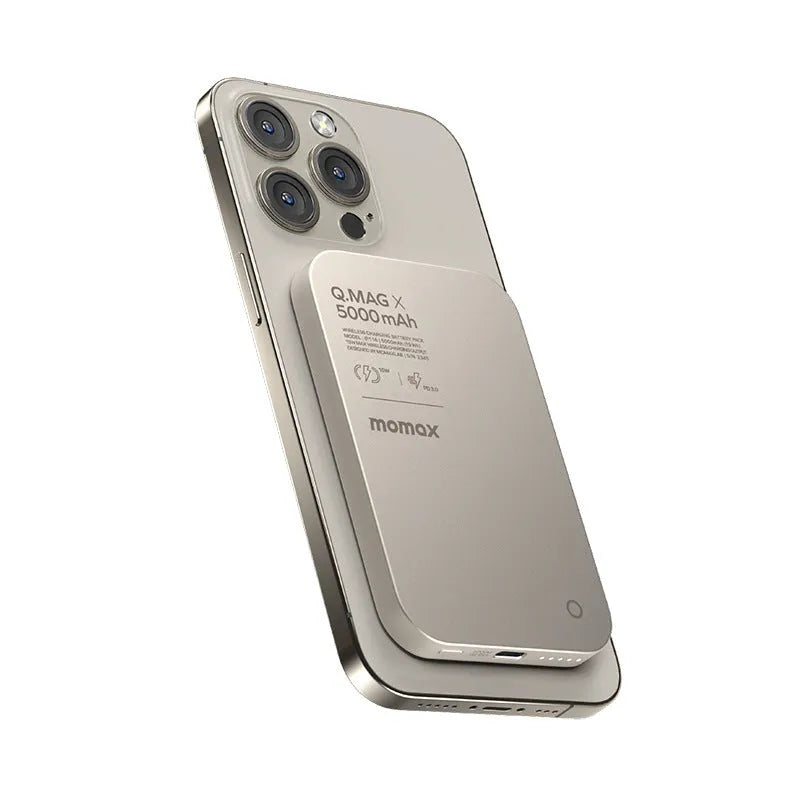 Magnetic wireless power bank with alloy metal casing in black or titanium gold colour.
