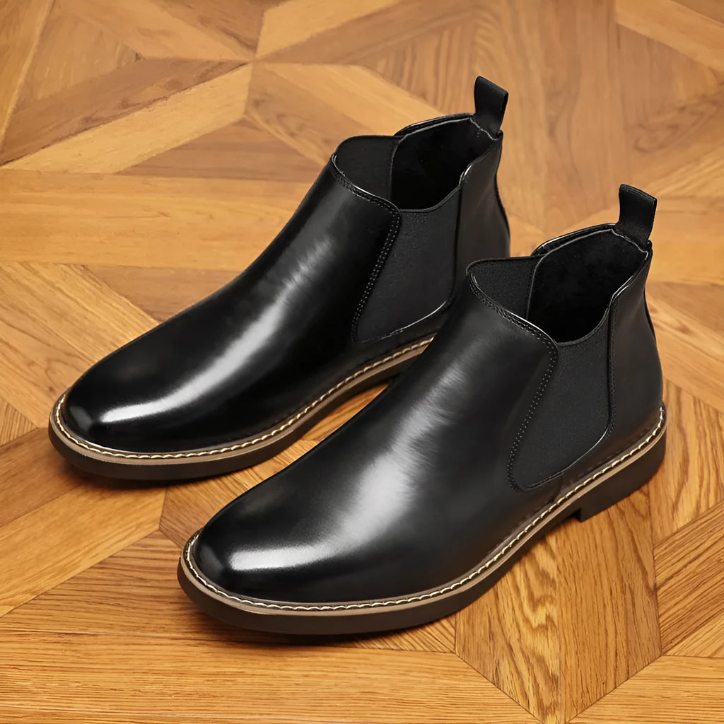 Men's black formal leather boots with pointed toe and square heel on rubber sole