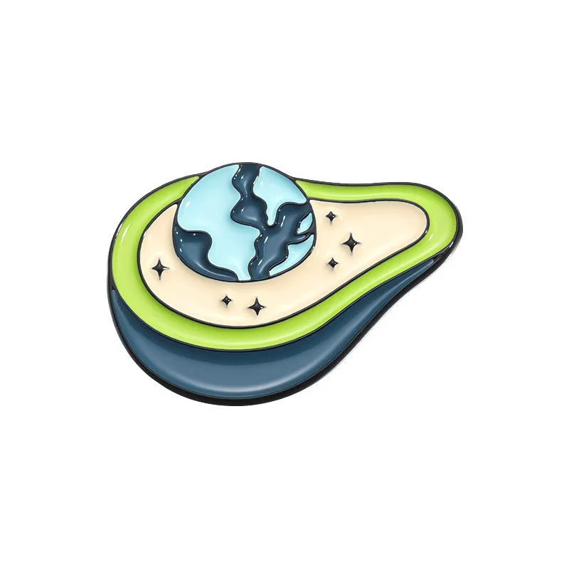 Colourful cartoon fruit design on a silver-toned zinc alloy metal brooch with pin clasp.