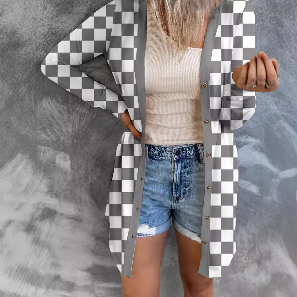 Long grey plaid knitted cardigan coat on a model, showing loose fit and regular sleeves.
