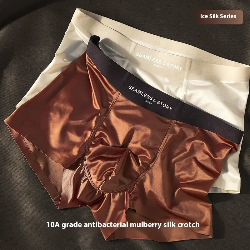 Men's mid-waist ice silk satin underwear in coffee colour showing traceless design