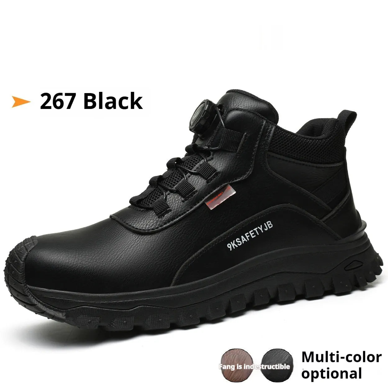 Men's black Flyknit leather work shoes with a safety toe cap and rubber sole on a work site background.