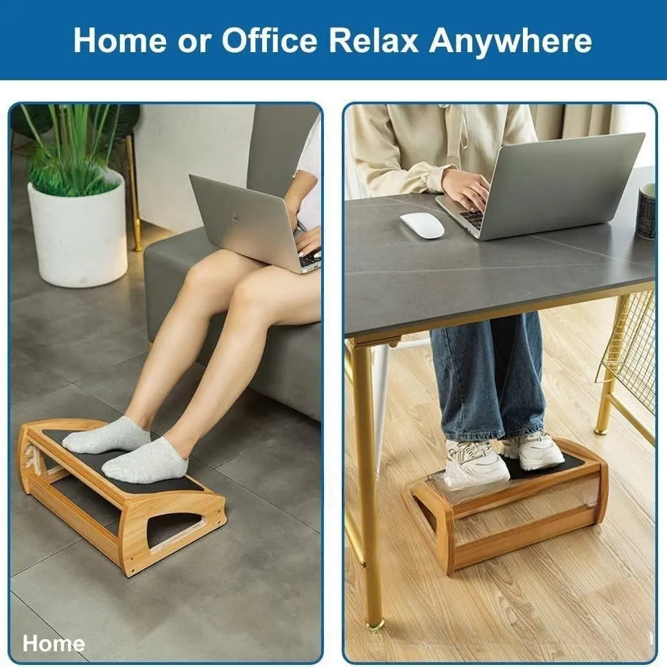Wooden bamboo adjustable office desk footstool in natural wood colour, showing modern minimalist design.