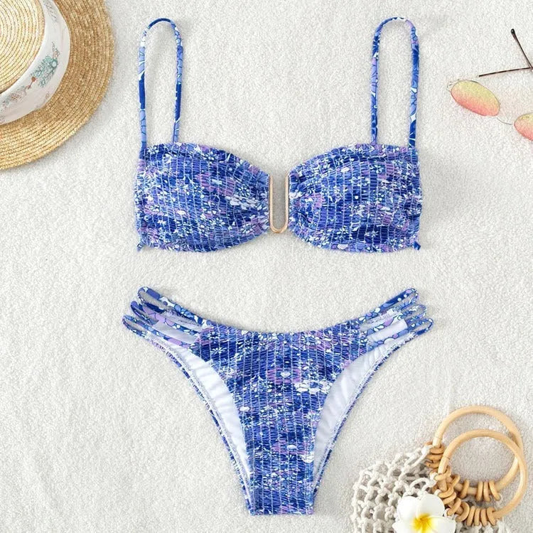 Women's high-waist floral bikini swimsuit in blue, orange, rose red, and pink colour options