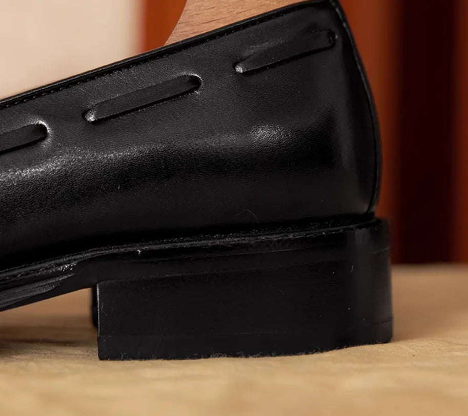 Men's black genuine leather slip-on loafers with rubber sole and pigskin lining