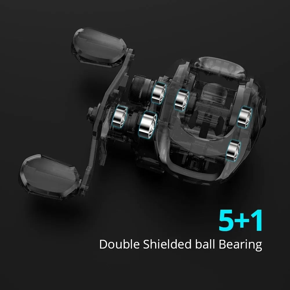 Drip wheel fishing reel with rocking wheel line mechanism, showing left and right hand wheel options.