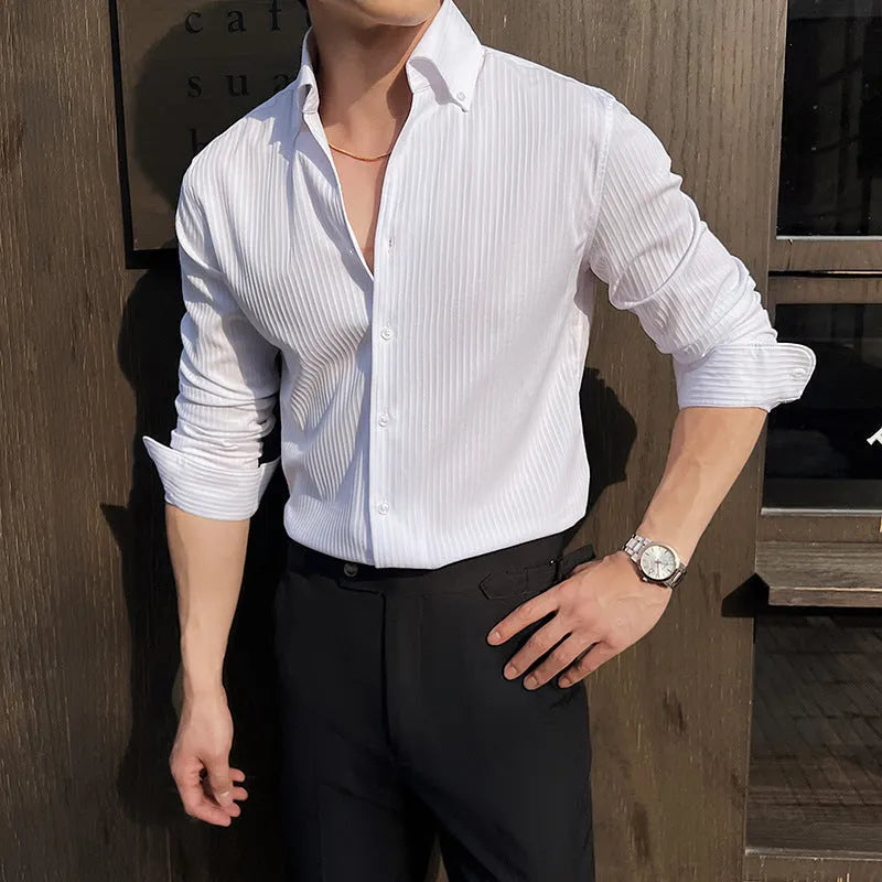Men's striped V-neck long sleeve casual shirt in polyester blend fabric