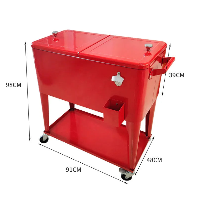Red outdoor metal insulated trolley with 750ml capacity for beverage temperature control during picnics