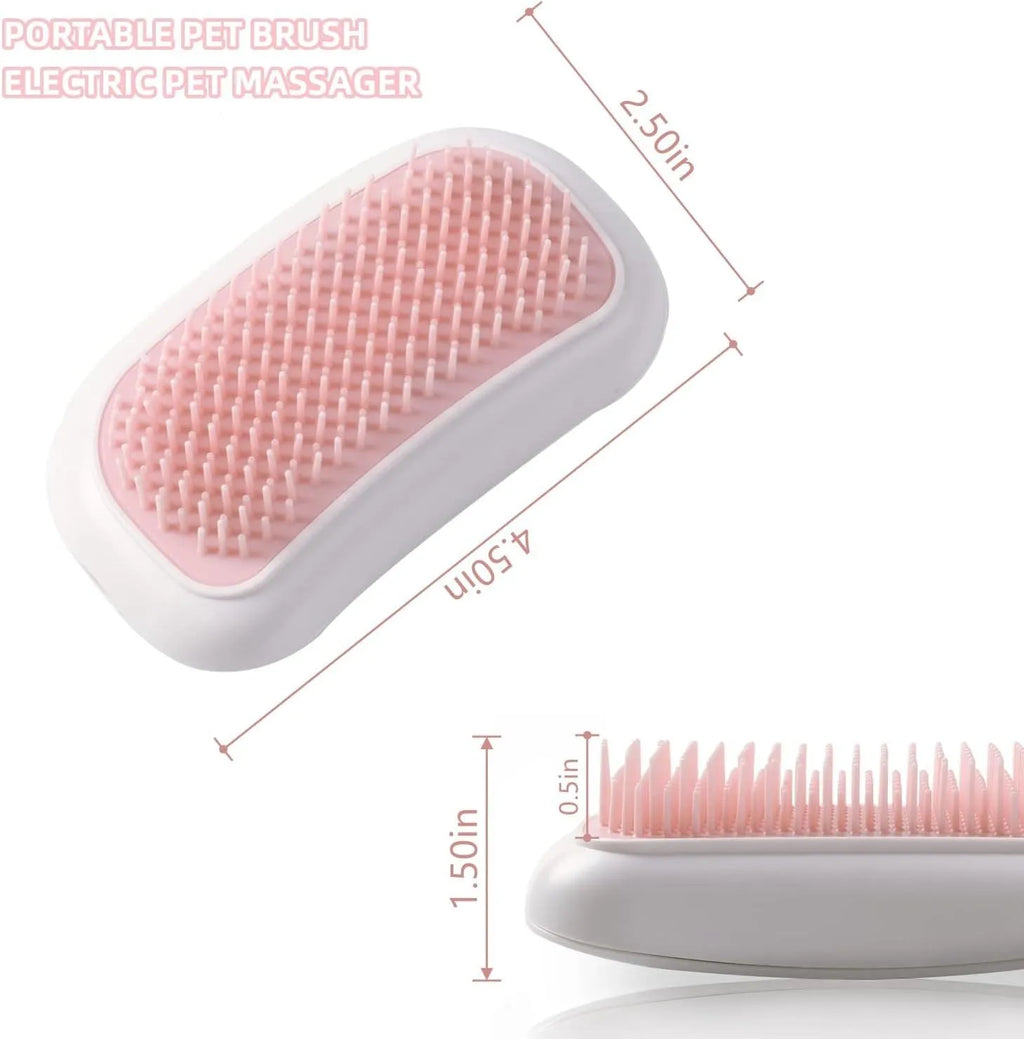 Pink handheld electric pet grooming massage brush with TPE teeth on a white background.