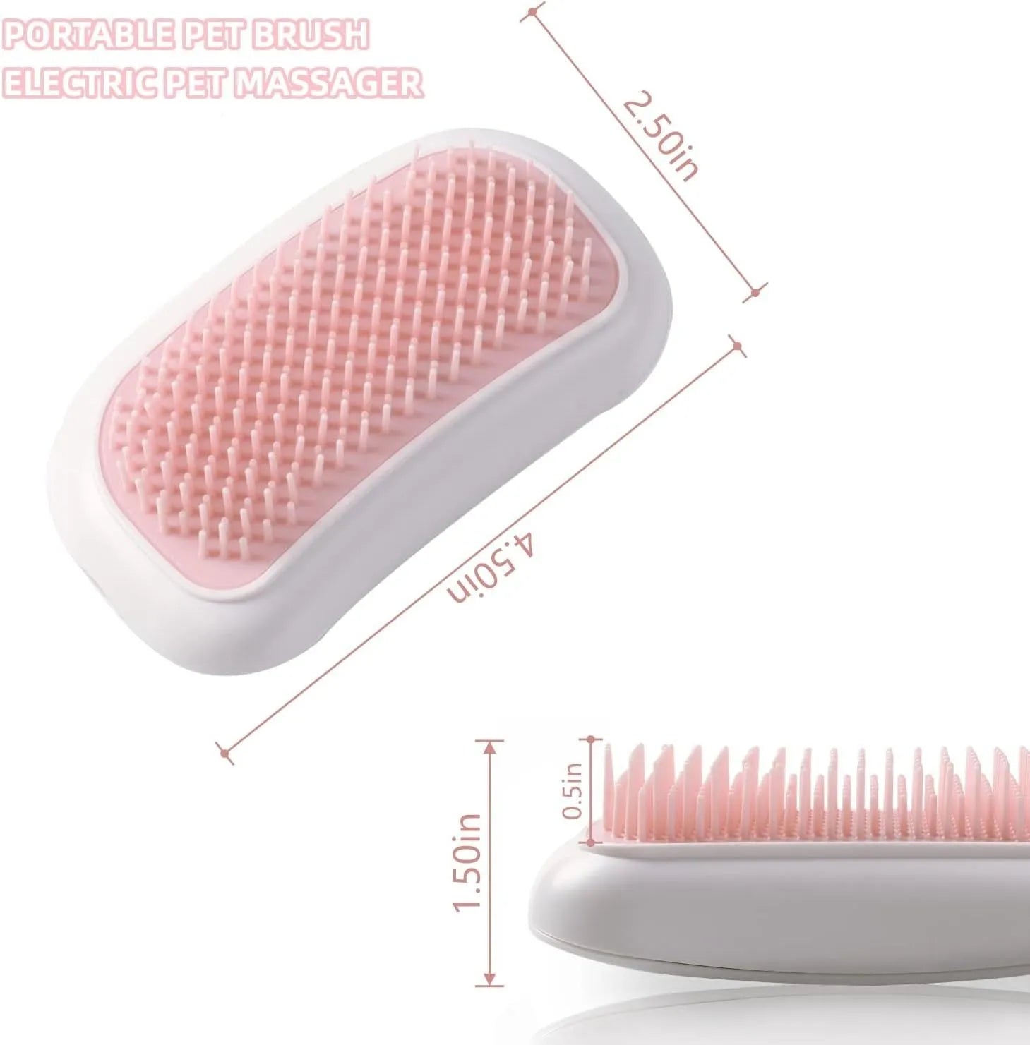 Pink handheld electric pet grooming massage brush with TPE teeth on a white background.