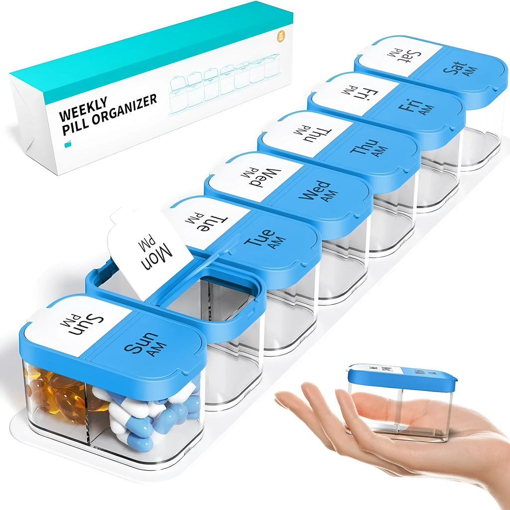 Large portable pill dispenser with 14 compartments showing disassembling function in white or rainbow colour