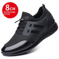 Men's black casual height increase shoes with chunky rubber sole, shown in leather, mesh, and Lycra upper options.