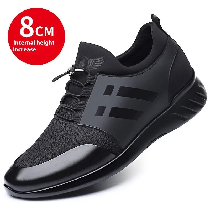 Men's black casual height increase shoes with chunky rubber sole, shown in leather, mesh, and Lycra upper options.
